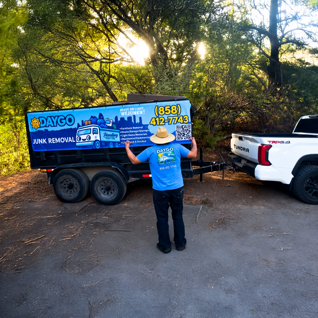 Daygo Junk Removal crew member in branded shirt next to Daygo dump trailer and Toyota Tundra on a San Diego job site